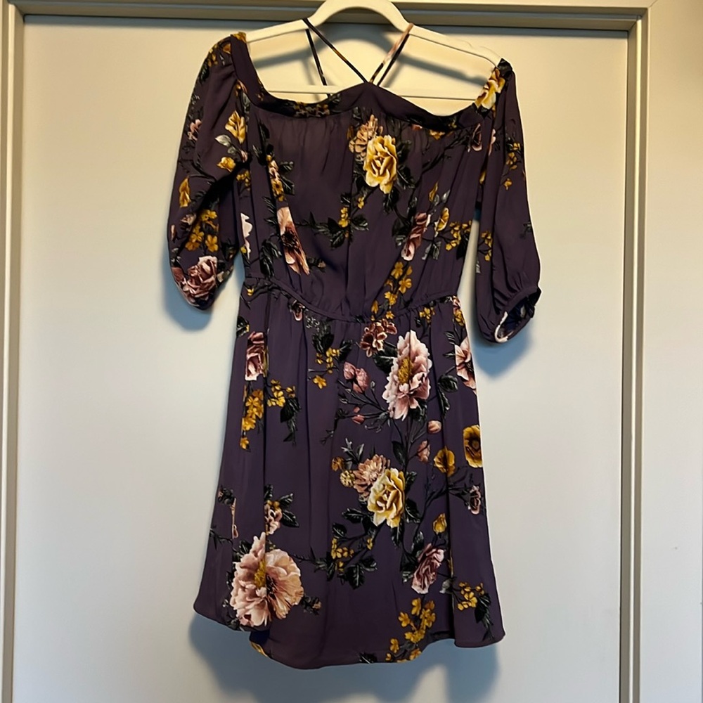 Purple floral shoulder mini dress